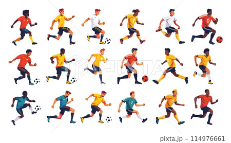 Football players cartoon vector set. Men active poses uniform ball soccer team run kick sports game champion competition characters, illustration isolated on white background 114976661