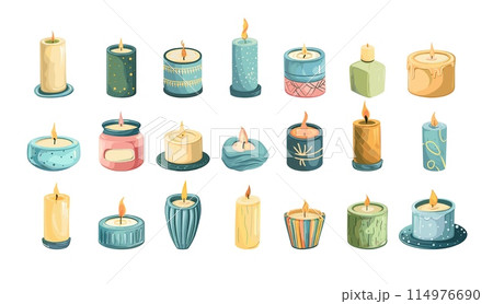 Candles cartoon vector set. Wax paraffin spa multiform burning fire scented holiday commemorative ritual beauty saloon illustration isolated on white background 114976690
