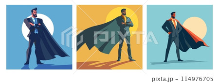 Businessman shadow super hero cartoon vector concepts . Bearded man suit boss strong courage successful confident business leader character, power management illustration isolated on white background 114976705