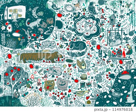 Cute animals in the village pattern. Photo wallpaper on the wall in the children's room. hand drawing. Not AI, Vector illustration 114976818