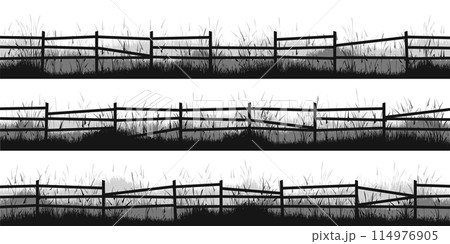 Meadow silhouettes with grass and old wooden fence. Countryside, panoramic summer lawn rural landscape with herbs, weeds. Herbal border, frame element. Black horizontal banners. Vector illustration Meadow silhouettes with grass and old wooden fence. Countryside, panoramic summer lawn rural landscape with herbs, weeds. Herbal border, frame element. Black horizontal banners. Vector illustration 114976905