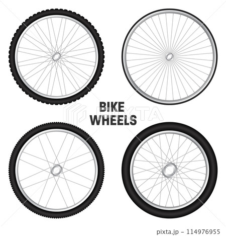 Realistic 3d bicycle wheels. Bike rubber tyres, shiny metal spokes and rims. Fitness cycle, touring, sport, road and mountain bike. Vector illustration 114976955