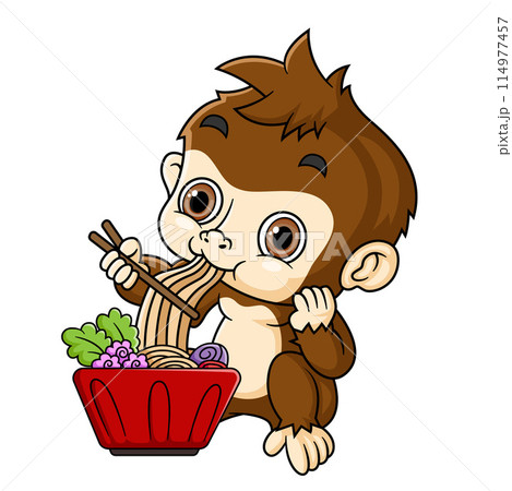 cute monkey eating noodle with chopstick of illustration 114977457