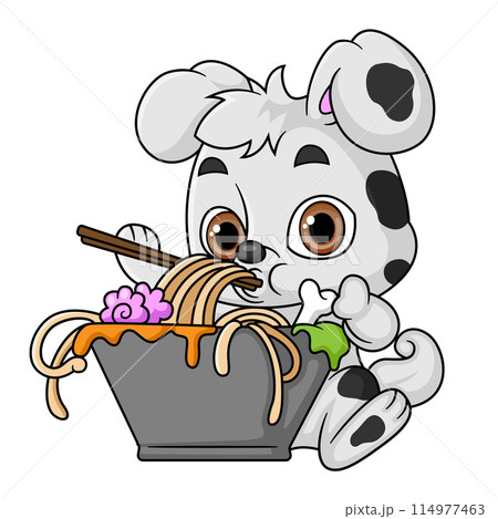 Cute dog Eating noodle Bowl With Chopstick of illustration Cute dog Eating noodle Bowl With Chopstick of illustration 114977463