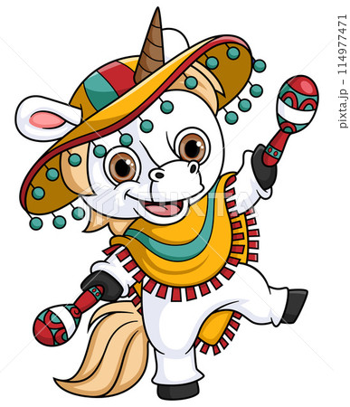 Cute cartoon unicorn playing maracas musical instrument and wearing mexico costume of illustration 114977471