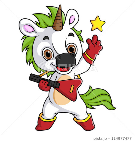 Cute cartoon unicorn playing guitar of illustration 114977477