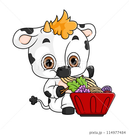 Cute cow Eating noodle Bowl With Chopstick of illustration Cute cow Eating noodle Bowl With Chopstick of illustration 114977484