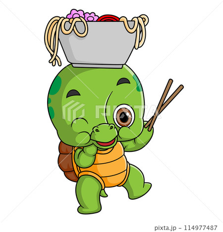 Cute turtle Eating noodle Bowl With Chopstick of illustration 114977487