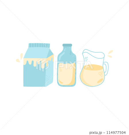Milk in jar, bottle, glass and cardboard package Milk in jar, bottle, glass and cardboard package 114977504