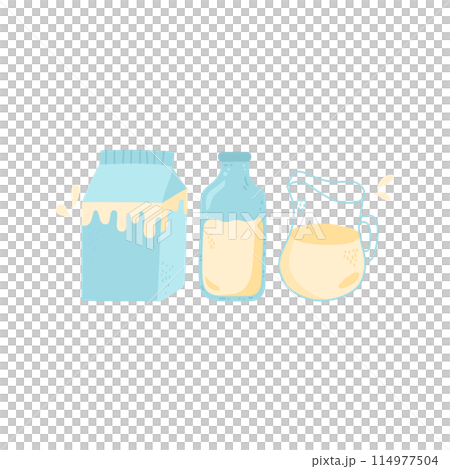 Milk in jar, bottle, glass and cardboard package Milk in jar, bottle, glass and cardboard package 114977504