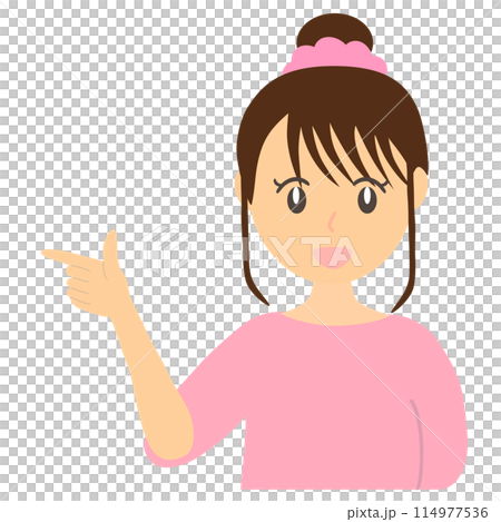 一個女人指著一點並微笑著解釋的向量圖 一個女人指著一點並微笑著解釋的向量圖 114977536