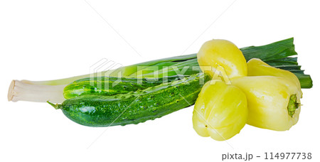 Fresh sweet peppers, cucumbers and leeks isolated on white. Fresh sweet peppers, cucumbers and leeks isolated on white. 114977738