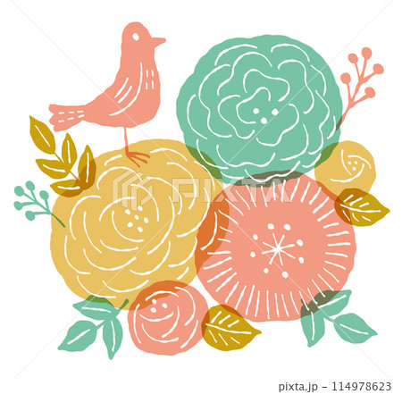 小鳥とブーケのおしゃれなイラスト 114978623