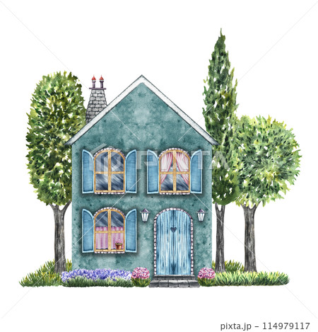 An European house with a courtyard and garden. Fabulous, cute, blue two-storey house in vintage style. The watercolor illustration is made by hand. Isolate it. For prints, children's games, postcards. An European house with a courtyard and garden. Fabulous, cute, blue two-storey house in vintage style. The watercolor illustration is made by hand. Isolate it. For prints, children's games, postcards. 114979117