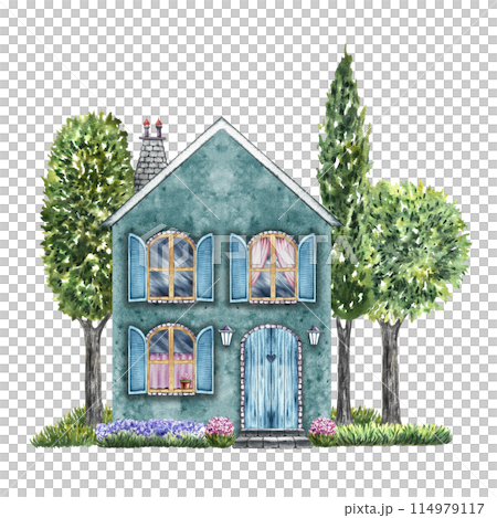An European house with a courtyard and garden. Fabulous, cute, blue two-storey house in vintage style. The watercolor illustration is made by hand. Isolate it. For prints, children's games, postcards. An European house with a courtyard and garden. Fabulous, cute, blue two-storey house in vintage style. The watercolor illustration is made by hand. Isolate it. For prints, children's games, postcards. 114979117