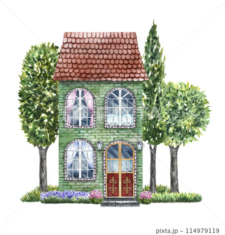 An old European house surrounded by trees. Fabulous, cute, green two-storey house in vintage style. The watercolor illustration is made by hand. Isolate it. For printing, children's games, postcards. 114979119