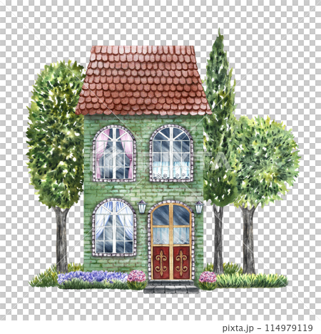 An old European house surrounded by trees. Fabulous, cute, green two-storey house in vintage style. The watercolor illustration is made by hand. Isolate it. For printing, children's games, postcards. 114979119