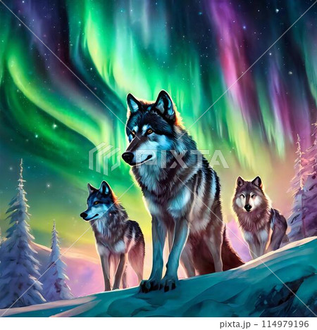美しいオーロラとオオカミのイラスト素材 [114979196] - PIXTA