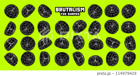 Wireframe lined shapes. Perspective mesh, 3d grid. Modern trendy low poly geometric elements. Retro futuristic design elements, y2k, vaporwave and synthwave style. Vector illustration Wireframe lined shapes. Perspective mesh, 3d grid. Modern trendy low poly geometric elements. Retro futuristic design elements, y2k, vaporwave and synthwave style. Vector illustration 114979428
