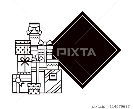 たくさん積まれたプレゼントの山とタイトルスペースのイラスト たくさん積まれたプレゼントの山とタイトルスペースのイラスト 114979657