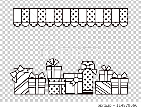 許多禮物和遮陽篷的線條畫插圖 114979666