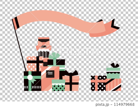 たくさんのギフトボックスと旗がなびくパステルカラーのイラスト 114979668