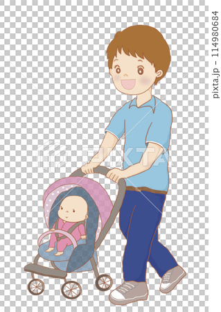 嬰兒和父親推著嬰兒車散步 嬰兒和父親推著嬰兒車散步 114980684