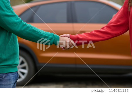 Car keys handshake, seller or car salesman and customer in a dealership, shake hands over the car keys 114981135
