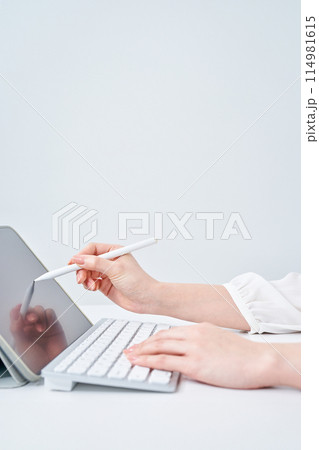 タブレットPCを操作する女性の手元 114981615