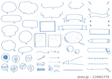 手書きの青の線画吹き出し&フレームのイラストセット 114981778