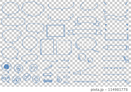 手書きの青の線画吹き出し&フレームのイラストセット 114981778