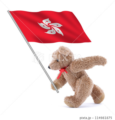 Hong Kong flag being carried by a cute teddy bear Hong Kong flag being carried by a cute teddy bear 114981875