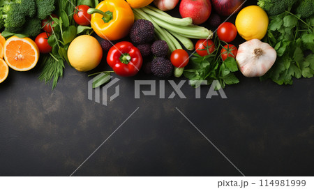 A variety of fresh ripe fruit and vegetables. Food concept background. Top view. Copy space.Generate AI 114981999