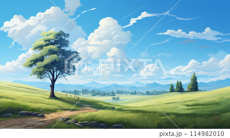Blue sky and cloud with meadow tree. Plain landscape background for summer poster. Generate AI Blue sky and cloud with meadow tree. Plain landscape background for summer poster. Generate AI 114982010