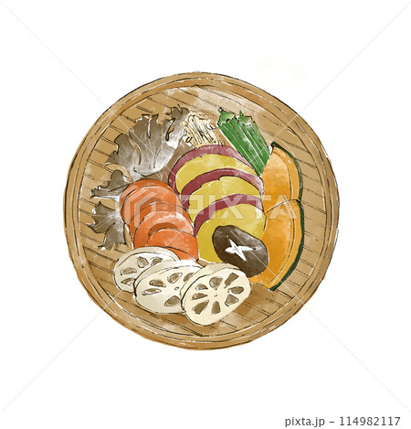 蒸篭と蒸し野菜のイラスト 114982117