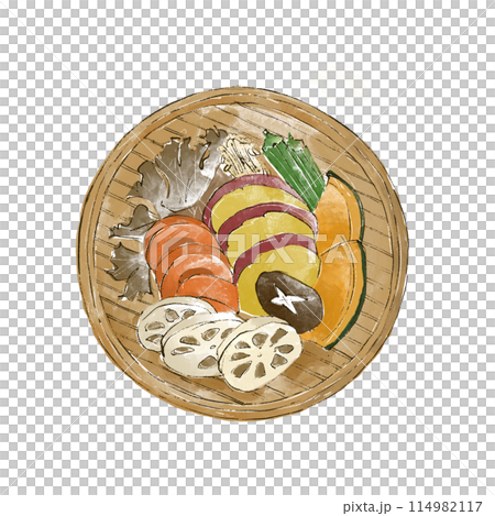 蒸篭と蒸し野菜のイラスト 114982117