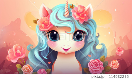 Cartoon couple love unicorns colorful background , Generate AI 114982256
