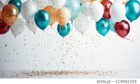 Holiday balloons and confetti flying on white background , Generate AI 114982289