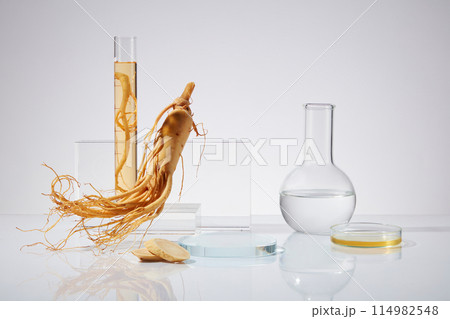 Ginseng product advertising photo with experiment tools decoration on white background from front view, a glass platform placed in center with lab items filled by liquid extracted from ginseng around Ginseng product advertising photo with experiment tools decoration on white background from front view, a glass platform placed in center with lab items filled by liquid extracted from ginseng around 114982548