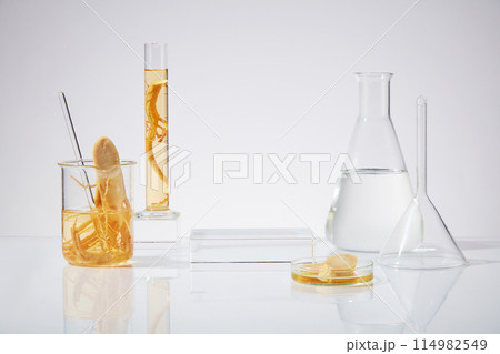 Glassware in experiment with ginseng over white background, an empty podium placed between an erlenmeyer and a measuring cylinder, a petri dish with yellow liquid and ginseng slices placed in front Glassware in experiment with ginseng over white background, an empty podium placed between an erlenmeyer and a measuring cylinder, a petri dish with yellow liquid and ginseng slices placed in front 114982549