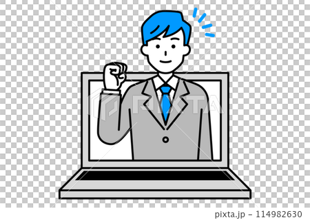 A man in a suit jumps out of a laptop screen 114982630