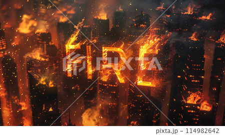 燃える都市と炎でできたFIREの文字 114982642