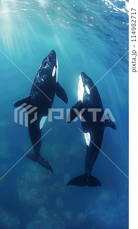 海中を優雅に泳ぐ2匹のシャチのイラスト素材 [114982717] - PIXTA