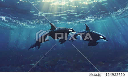 海中を優雅に泳ぐ2匹のシャチのイラスト素材 [114982720] - PIXTA