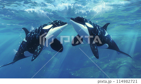 青い海を2人で旅をする/シャチとメンダコ 原画イラスト 海中を優雅に泳ぐ2匹のシャチのイラスト素材 [114982721] - PIXTA
