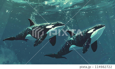 海中を優雅に泳ぐ2匹のシャチのイラスト素材 [114982722] - PIXTA