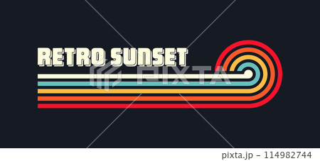 Vintage sunset collection. Various colorful striped sunrise badges in 80s and 90s style. Sun and ocean view, summer vibes, surfing. Design element for print, logo or t-shirt. Vector illustration Vintage sunset collection. Various colorful striped sunrise badges in 80s and 90s style. Sun and ocean view, summer vibes, surfing. Design element for print, logo or t-shirt. Vector illustration 114982744