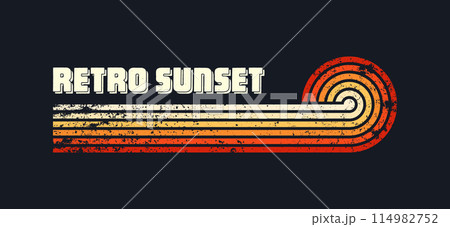 Grunge horizontal vintage sunsets. Various colorful striped sunrise badges in 80s and 90s style. Sun and ocean view, summer vibes, surfing. Design element, print, logo or t-shirt. Vector illustration Grunge horizontal vintage sunsets. Various colorful striped sunrise badges in 80s and 90s style. Sun and ocean view, summer vibes, surfing. Design element, print, logo or t-shirt. Vector illustration 114982752