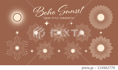 Vintage sunburst, sunset beams collection. Boho style, modern minimalist bohemian design. Hand drawn bursting sun, light rays. Logotype or lettering design element in retro style. Vector illustration 114982770