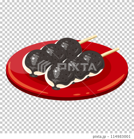 皿に盛られた黒胡麻あん団子 114983001